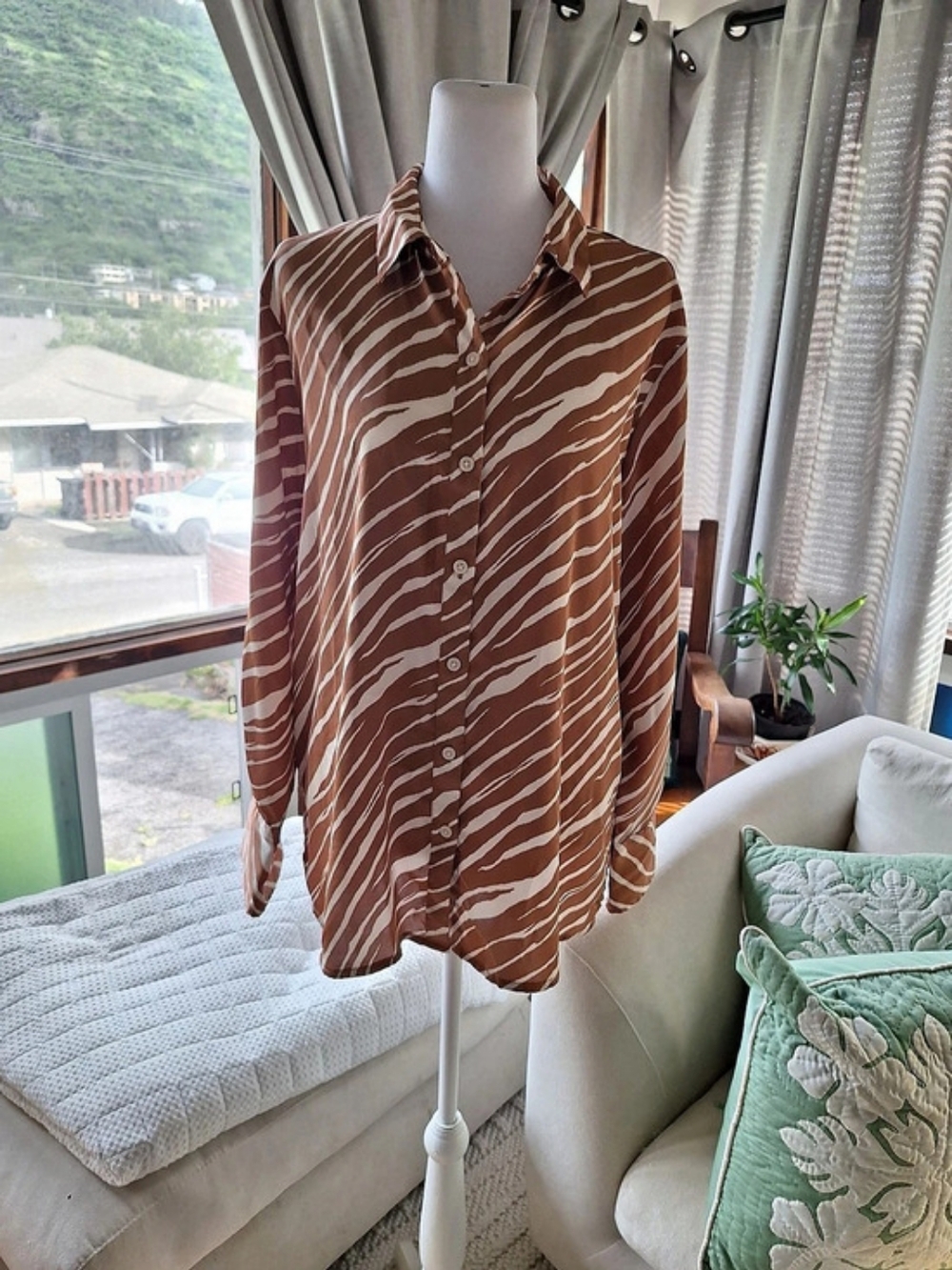 a new day Brown and White Zebra Print Satin Button-Up Long Sleeve Shirt Brown &